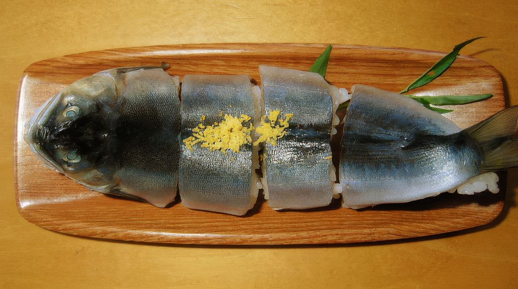Sushi mit Ayu-Fisch aus dem Yura-Fluss (am ersten Tag der Fangsaison), gegessen in den Bergen von Ayabe City.