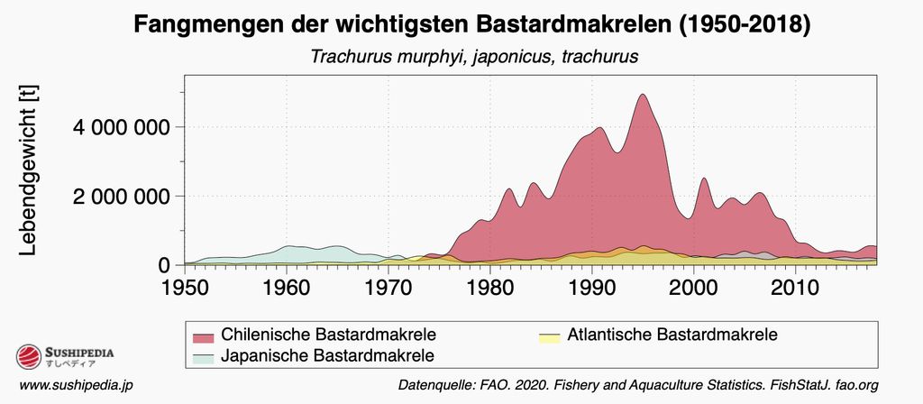 Grafik der Fangmengen der wichtigsten Bastardmakrelen von 1950 bis 2018. Dargestellt sind die Arten 'Trachurus murphyi', 'japonicus' und 'trachurus'. Die 'Chilenische Bastardmakrele' ist in Rot mit Spitzenfängen um die späten 1990er Jahre abgebildet.