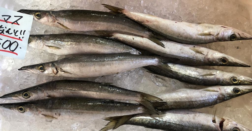 Mehrere frische Exemplare von Akakamasu liegen auf Eis in einer Kiste. Das Bild wurde auf einem japanischen Markt aufgenommen.