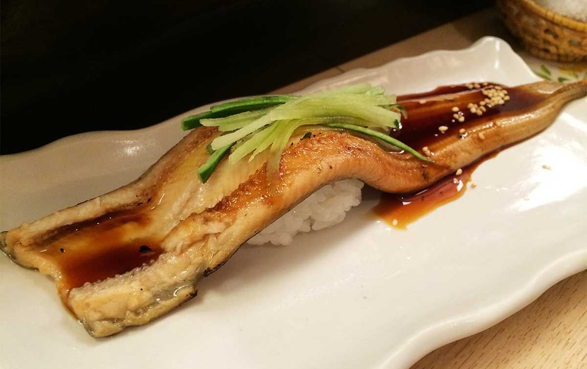 Nigiri Sushi mit Aal, beträufelt mit Nitsume Sauce und garniert mit Gurkenstreifen, auf einem weißen Teller