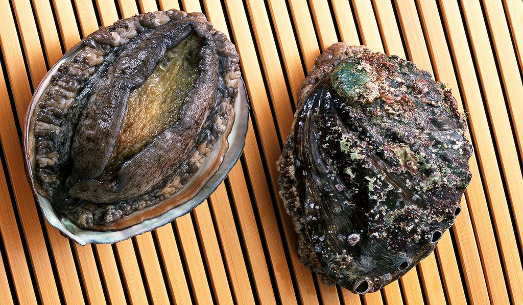 Awabi abalone on bamboo mat prepared for sushi or sashimi, showcasing visible textures and colors.