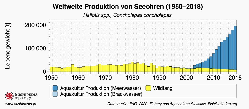 Diagramm der weltweiten Produktion von Seeohren (Haliotis spp., Concholepas concholepas) von 1950 bis 2018, aufgeteilt nach Wildfang und Aquakultur (Meer- und Brackwasser). [Quelle: FAO. 2020. Fishery and Aquaculture Statistics. FishStatJ. fao.org]