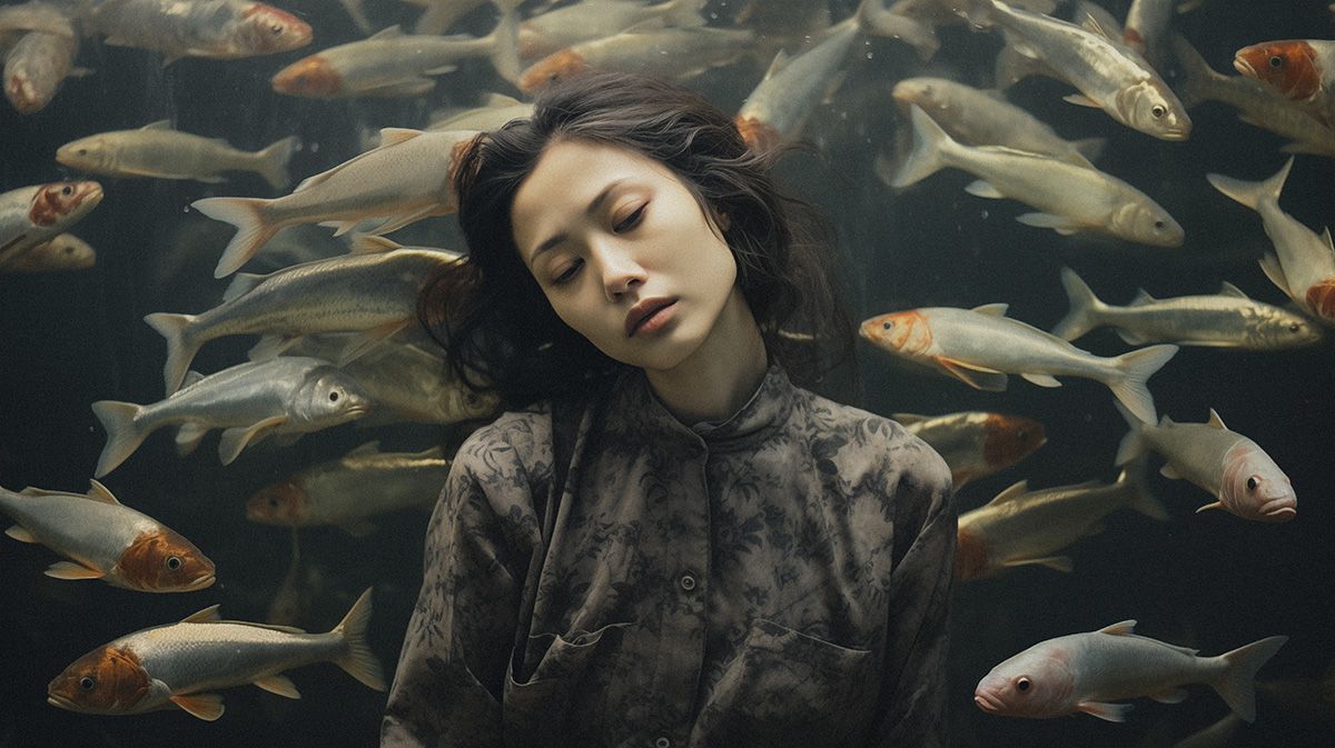 Eine Frau in einem gemusterten Hemd steht vor einem Aquarium, umgeben von vielen Fischen. Das Bild symbolisiert die potenzielle Gefahr von Ciguatera-Fischvergiftungen, die durch den Verzehr von Sushi verursacht werden können.