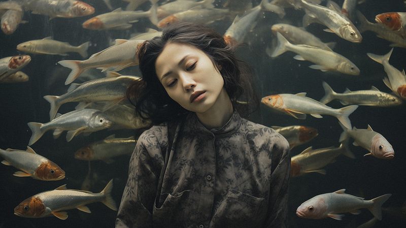 Eine Frau in einem gemusterten Hemd steht vor einem Aquarium, umgeben von vielen Fischen. Das Bild symbolisiert die potenzielle Gefahr von Ciguatera-Fischvergiftungen, die durch den Verzehr von Sushi verursacht werden können.
