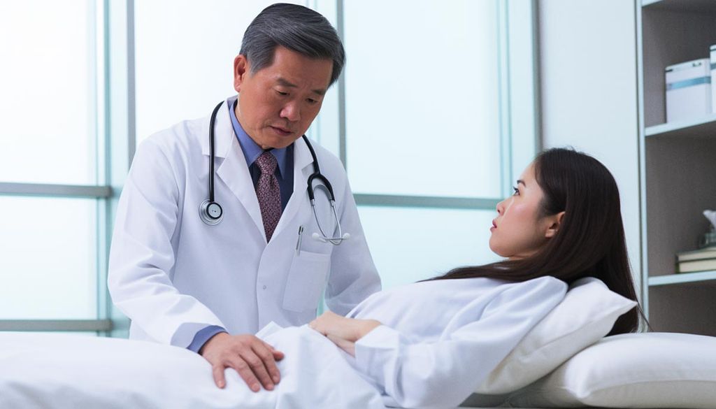 A doctor in a white coat with a stethoscope examines a patient lying on an examination table. The image represents a medical consultation related to ciguatera fish poisoning, a risk associated with fish consumption.