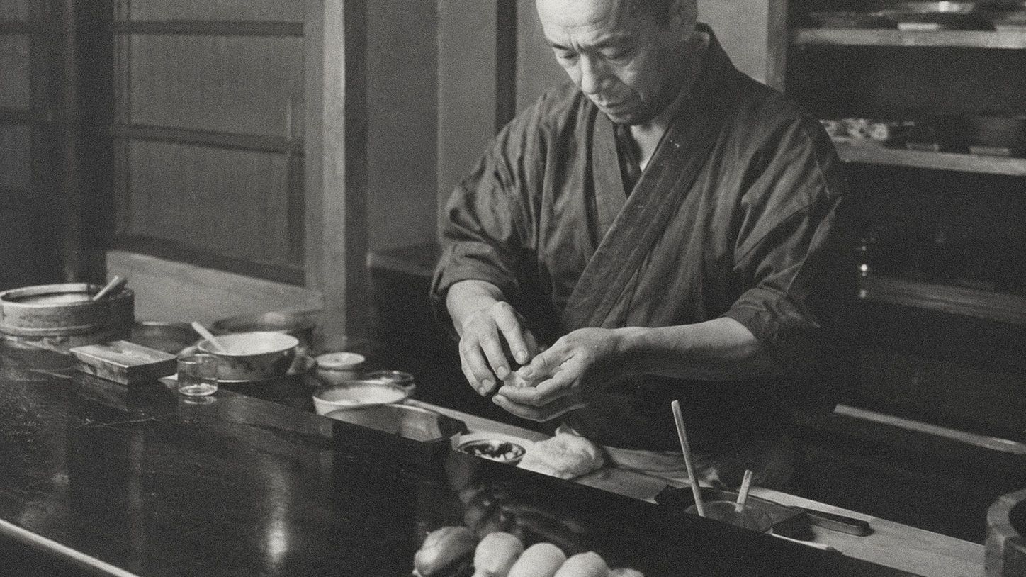 Black-and-white photograph. A man in dark cotton work clothing at a polished wooden counter, hands cupped in the gesture of forming nigiri. Small dishes, a brush, and a glass sit on the counter; a few finished pieces of nigiri are visible at the front edge. Traditional Japanese interior in the background.