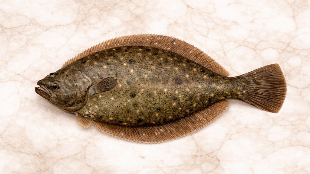 Illustration eines Hirame (Paralichthys olivaceus) in dorsaler Aufsicht mit ovalem, seitlich abgeflachtem Körper, linksseitiger Augenstellung und dunkel gefleckter Oberseite