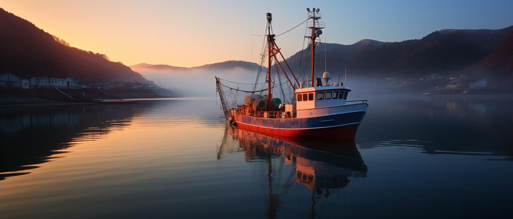 Ein japanisches Fischerboot fährt an einem Herbstmorgen zum Fischen. Der Herbst ist eine gute Zeit, um Hirame für köstliches Sushi zu fangen.