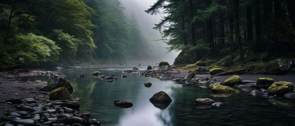 A calm river surrounded by lush forests, typical habitat of the Iwana in Japan.