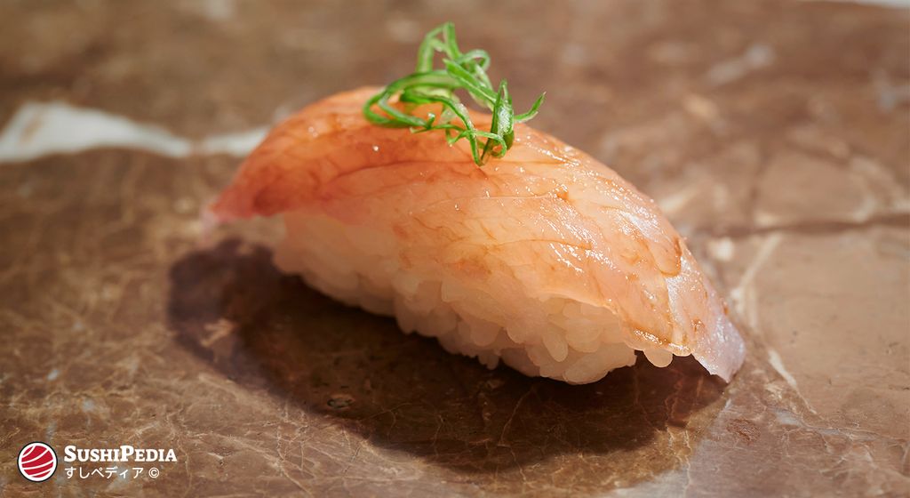 Ein Stück Nigiri-Sushi mit der Zutat Barrakuda (japanisch: kamasu) liegt auf einem Teller in einem Sushi-Restaurant.