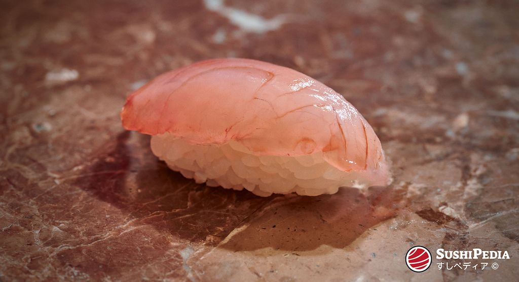 Ein Kanpachi Nigiri-Sushi-Stück auf einem Marmoruntergrund.