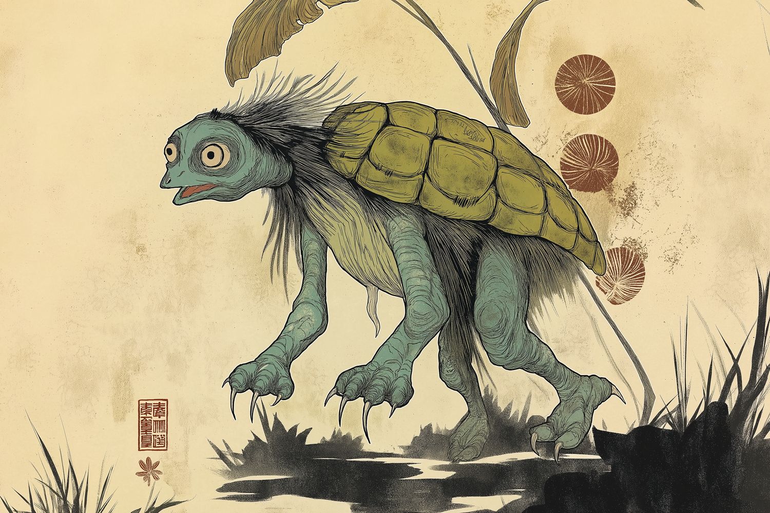 Eine traditionelle japanische Illustration eines Kappa, einer mythischen Kreatur, die einer Schildkröte ähnelt, mit langen Krallen, grünlichem Körper und aufgestellten Haaren. Sie hat einen überraschten Ausdruck und steht in der Nähe abstrakter Pflanzen und roter Kreissymbole.