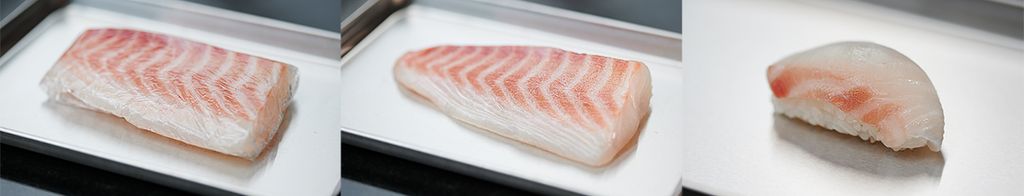 Drei Stufen der Herstellung von Madai Sushi: links ein Stück frischer Madai, in der Mitte das Madai-Stück nach der Verwendung der Pichitto-Folie zur Dehydration, rechts das fertige Madai Sushi. Die Pichitto-Folie verbessert die Textur und den Geschmack des Fisches.