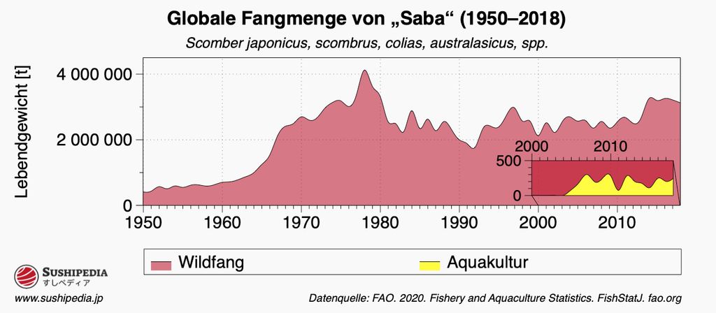 Informatives Diagramm von Sushipedia mit den weltweiten Fangmengen der Saba Makrele, aufgeschlüsselt nach Wildfang und Aquakultur von 1950 bis 2018, Datenquelle FAO 2020.