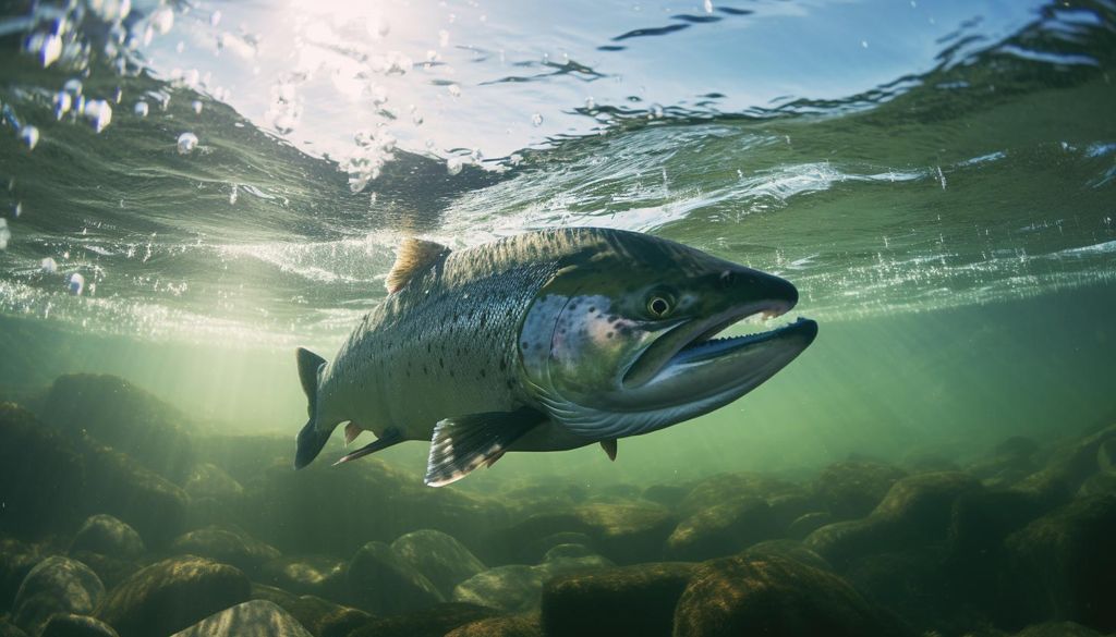 Eine Unterwasseraufnahme zeigt einen einzelnen Lachs, der in den klaren Gewässern eines Flusses schwimmt. Der Fisch ist zentral im Bild platziert, während Sonnenlicht durch die Oberfläche dringt und ein strahlendes Muster aus Licht und Schatten auf den Flussgrund zaubert. Die Steine des Flussbettes und die Wasseroberfläche sind sichtbar, was den natürlichen Lebensraum des Lachses hervorhebt.