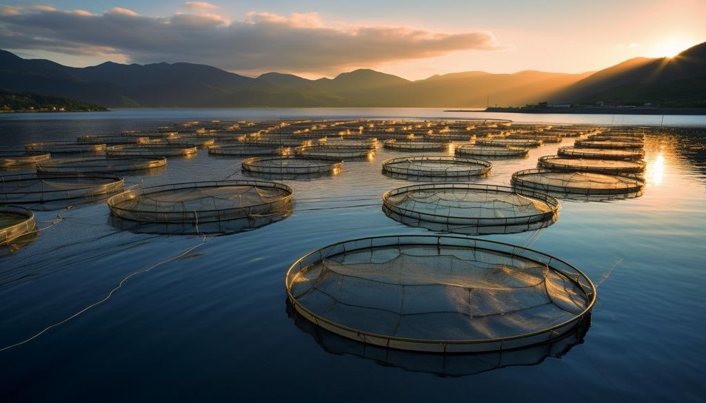 Das Foto fängt einen Sonnenuntergang in einer Aquakulturfarm in einem norwegischen Fjord ein. Die kreisförmigen Fischnetze sind methodisch über das ruhige Wasser gespannt und reflektieren das Sonnenlicht. Die umliegenden Berge heben sich als Silhouette vom goldenen Himmel ab, während die Sonnenstrahlen über die Bergkämme dringen und ein strahlendes Wechselspiel von Licht und Schatten in der Szene erzeugen.