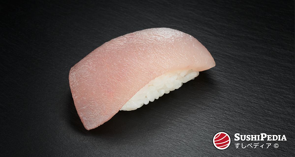 Photo of a freshly prepared sushi (nigiri sushi) with the ingredient that is called Bintoro Binnaga in Japanese.