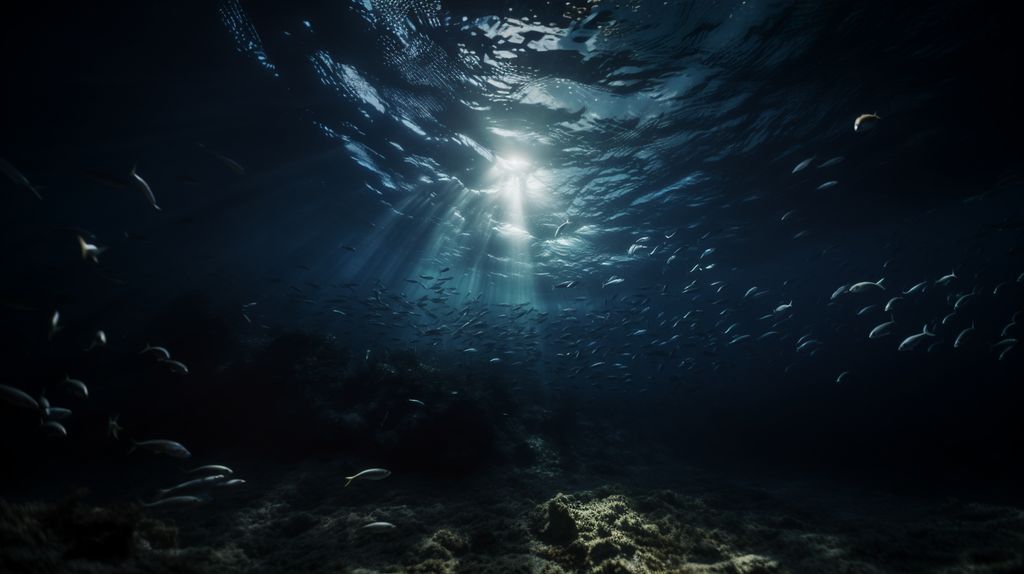 Schwarm von Sardinen im Meer mit einfallenden Sonnenstrahlen in der Tiefe