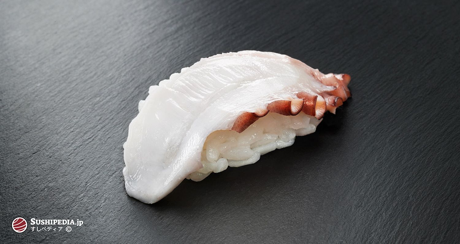 Foto eines frisch zu bereiteten Sushi (nigiri sushi) mit der Zutat, die den japanischen Namen Tako trägt.