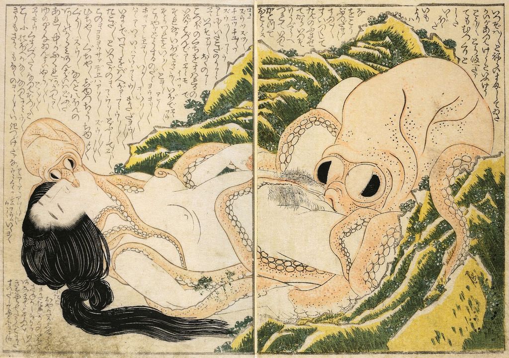 Historische japanische Grafik von Katsushika Hokusai, zeigt eine Perlentaucherin und einen großen Tintenfisch in einer künstlerischen Darstellung aus der Edo-Zeit.