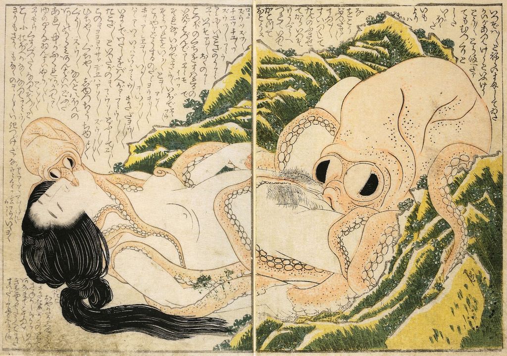 Historische japanische Grafik von Katsushika Hokusai, zeigt eine Perlentaucherin und einen großen Tintenfisch in einer künstlerischen Darstellung aus der Edo-Zeit.