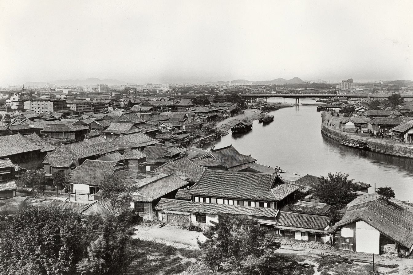 A black-and-white photograph depicting Tokyo in the 1860s, showing traditional Japanese houses with tiled roofs along a river. Boats are docked along the riverbanks, and a bridge spans the river in the background with mountains faintly visible on the horizon.