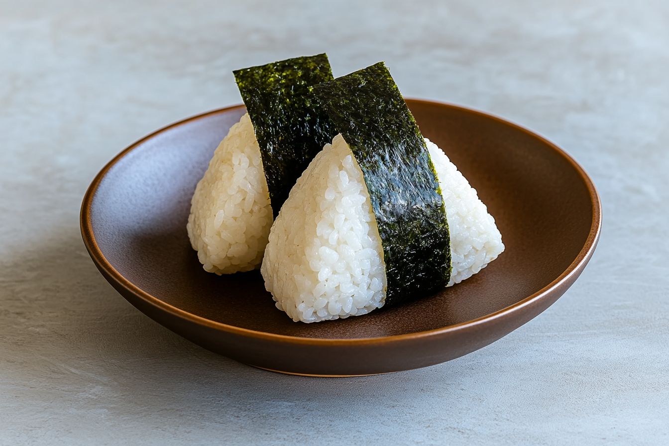 Two triangular onigiri rice balls wrapped with a strip of green nori seaweed, presented on a dark brown ceramic plate against a light grey background. The rice appears glossy and sticky, highlighting the quality and preparation typical of this Japanese dish.