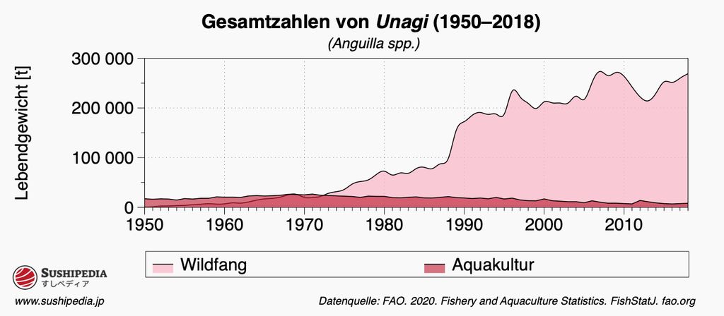 Das Bild ist ein Datendiagramm, das die Produktion von wild gefangenem und gezüchtetem Unagi oder Aal (Anguilla spp.) von 1950 bis 2018 zeigt. Das Diagramm verwendet zwei Farben, um die Quellen zu unterscheiden: Wildfänge sind dunkelrosa und die Aquakulturproduktion hellrosa markiert. Sie zeigt den allgemeinen Trend, dass die Abhängigkeit von der Aquakultur im Laufe der Zeit zunimmt, wobei die Zuchtproduktion den Wildfang ab den 1990er Jahren deutlich übertrifft. Die y-Achse stellt das Lebendgewicht in Tonnen dar und zeigt einen Höhepunkt der Unagi-Farmerzeugung in den 2000er Jahren. Daten von der FAO 2020, Fischerei- und Aquakulturstatistik.