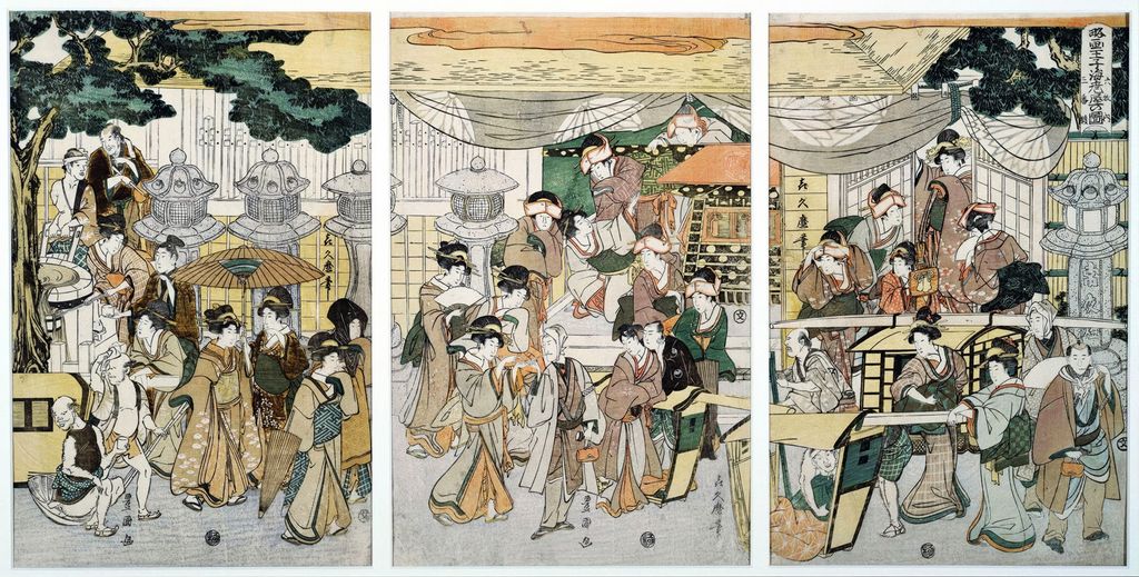 Holzschnitt aus der Edo-Zeit von Utagawa Toyokuni I mit dem Restaurant Ebiya in Ōji sowie Besuchern und Trägern vor dem Gebäude.