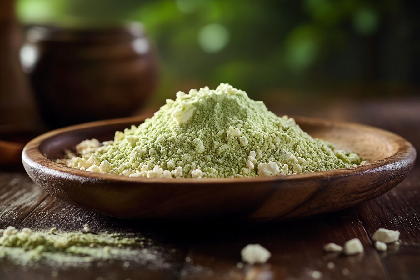 Nahaufnahme von hochwertigem Wasabi-Pulver, präsentiert auf einem rustikalen Holztablett, ideal für die Verwendung in der Küche oder als Gewürz.