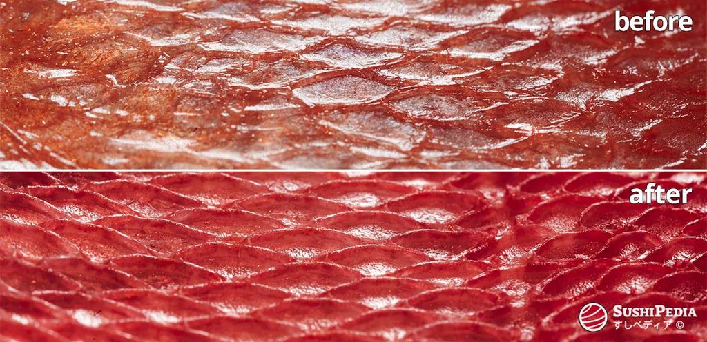 The image is a comparison between two states of the fish skin preparation, labeled “before” and “after”. The “before” picture above shows the fish skin in its original state with a somewhat dull and uneven surface. The “after” image below shows the fish skin after preparation with a richer red color and a distinct, uniform scale pattern that appears refined and prepared for culinary use.