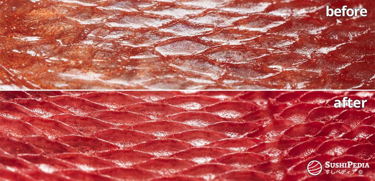 There are two macro images. The upper image shows the flat skin before the heat treatment (yubiki), the lower image the image after. It is clearly visible how the skin has acquired a new structure through the yubiki technique.