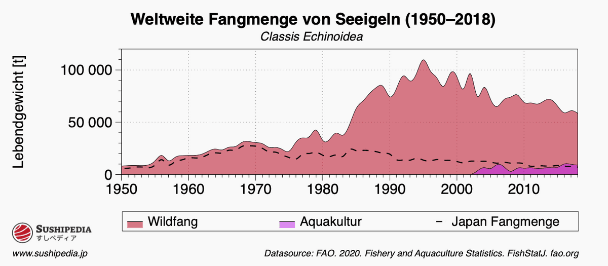 Diagramm, das die Verteilung und den Verlauf der Fangmenge von Seeigeln (japanisch Uni) darstellt.